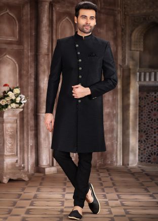 Black Art Silk Indo Western Sherwani For Men