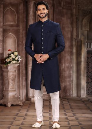 Navy Blue Plain Indo Western Sherwani Set