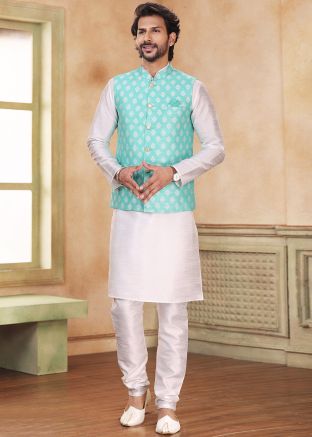 Off White Kurta Pajama With Woven Nehru Jacket