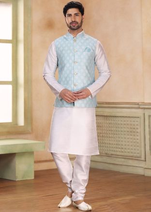White Kurta & Pajama With Woven Nehru Jacket