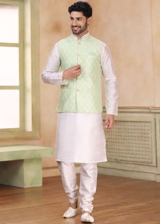 Readymade Off White Kurta Churidar & Woven Nehru Jacket