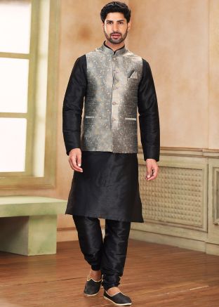 Black Mens Kurta Pajama With Woven Nehru Jacket