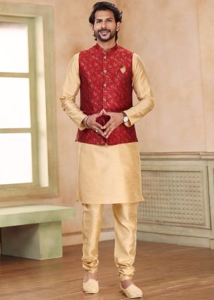 Golden Mens Kurta Pajama & Woven Nehru Jacket