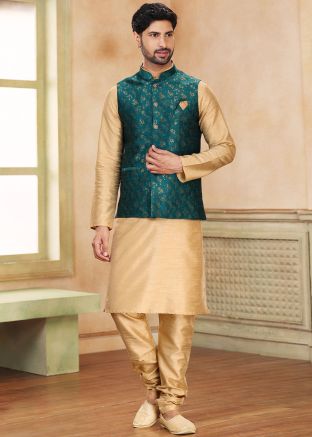Mens Golden Kurta Pajama & Woven Nehru Jacket