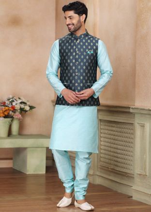 Mens Blue Kurta Churidar With Woven Nehru Jacket