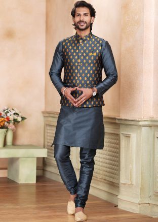 Grey Mens Kurta & Pajama With Woven Nehru Jacket