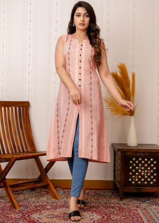 Peach Printed Kurti In Cotton