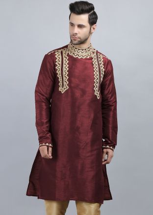 Maroon Readymade Dupion Silk Kurta
