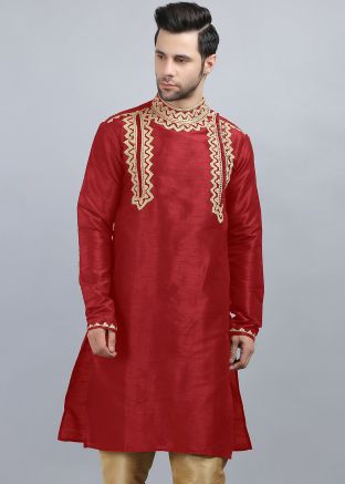 Red Readymade Dupion Silk Kurta