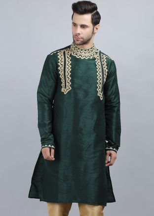 Green Readymade Kurta In Dori Embroidery