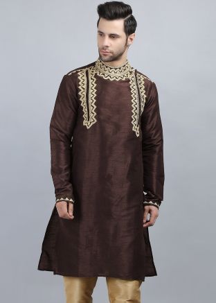 Brown Readymade Kurta In Dupion Silk 