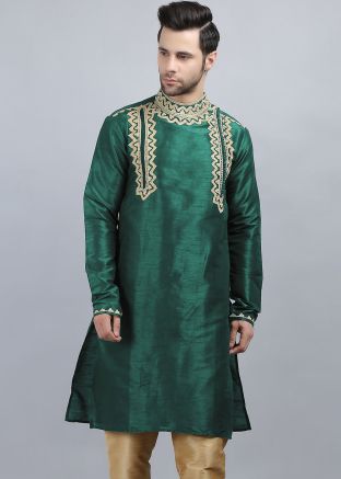 Green Readymade Kurta In Dori Embroidery