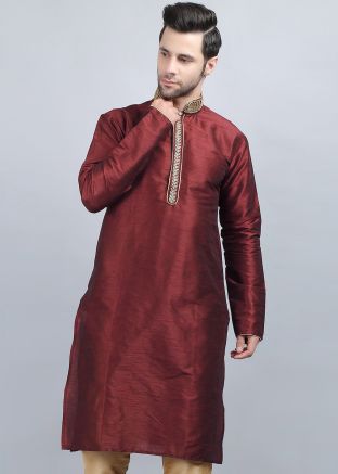 Maroon Readymade Dupion Silk Kurta 
