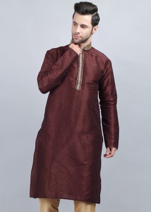 Brown Readymade Kurta In Dupion Silk 