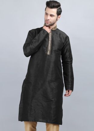 Black Readymade Kurta In Embroidery