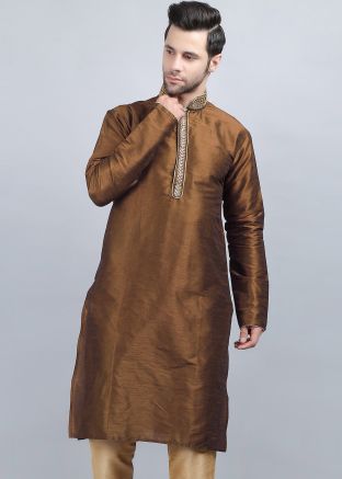 Brown Dupion Silk Readymade Kurta 