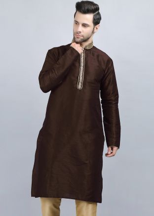 Brown Readymade Kurta In Dupion Silk 