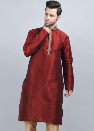 Red Redaymade Dupion Silk Kurta