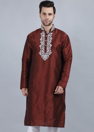 Red Readymade Dupion Silk Kurta