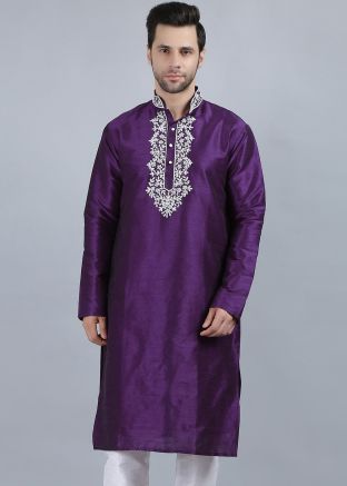 Purple Readymade Kurta In Dupion Silk