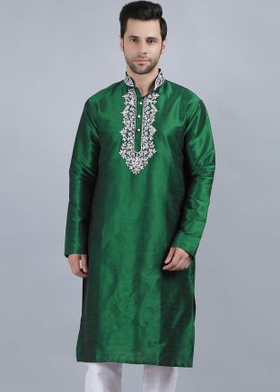 Green Dupion Silk Readymade Kurta 