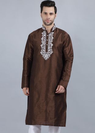 Brown Dupion Silk Readymade Kurta 
