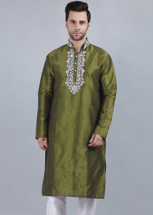 Green Dupion Silk Readymade Kurta 