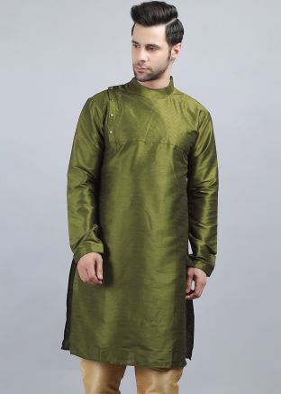 Green Readymade Kurta In Thread Embroidery