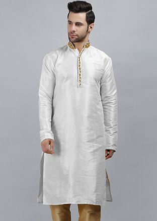 White Embroidered Readymade Dupion Silk Kurta