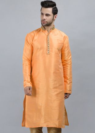 Orange Readymade Kurta In Dupion Silk