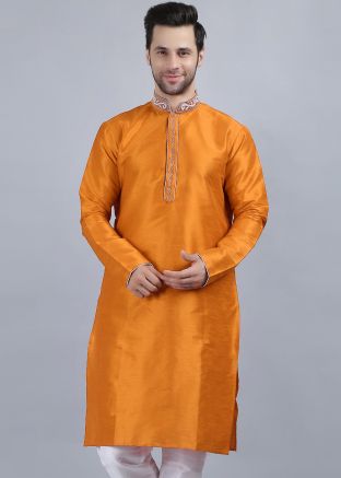 Orange Readymade Kurta In Dupion Silk