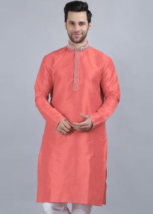 Pink Dupion Silk Readymade Kurta 