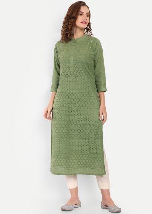 Green Embroidered Cotton Kurti