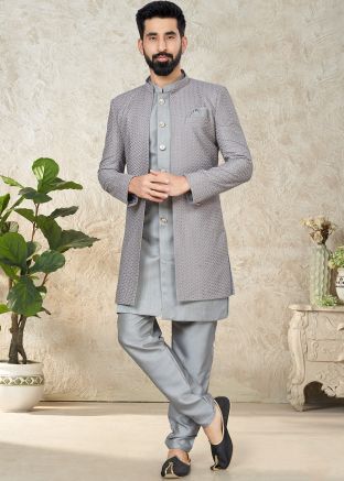 Grey Readymade Indo Western Sherwami With Jacket