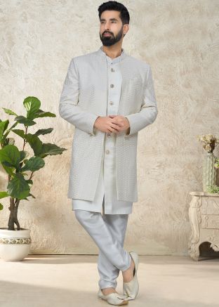 White Embroidered Readymade Indo Western Sherwani & Jacket