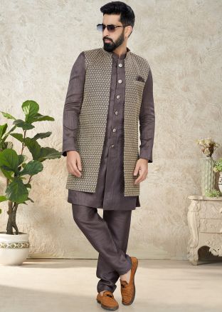 Brown Embroidered Readymade Indo Western Sherwani & Jacket