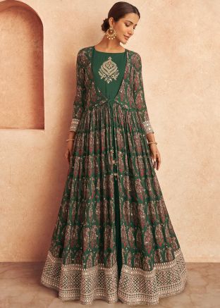 Green Embroidreed Jacket Style Long Kurta