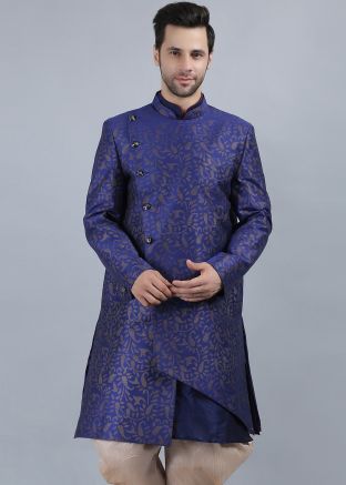 Navy Blue Indo Western Sherwani In Dupion Silk