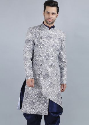 White Printed Asymmetric Indo Western Sherwani