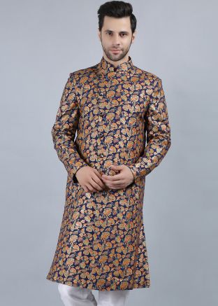 Navy Blue Cotton Printed Sherwani For Men