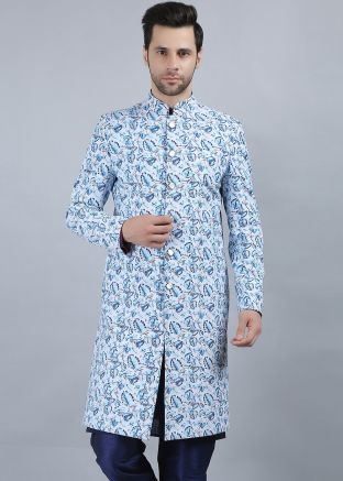 Readymade White Printed Mens Sherwani In Cotton