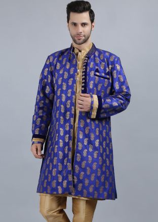 Readymade Blue Printed Mens Indo Western Sherwani