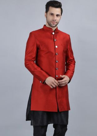 Red Woven Indo Western Sherwani In Jacquard