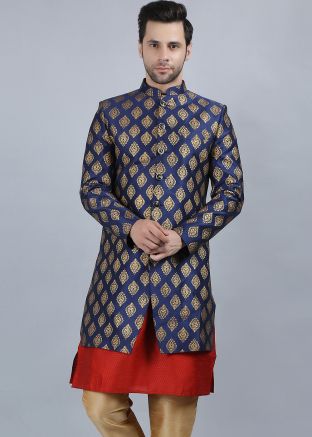 Navy Blue Printed Indo Western Sherwani
