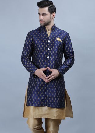 Readymade Navy Blue Printed Indo Western Sherwani