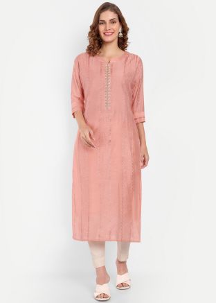 Pink Embroidered Kurti In Cotton