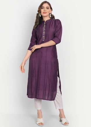 Purple Embroidered Kurti In Cotton