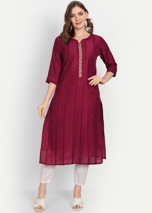 MagentaEmbroidered Kurti In Cotton