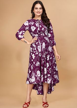Purple Crape Dress In Floral Print