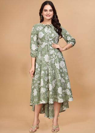 Green Floral Print Dress In Carpe